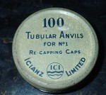 tin of 100 Tubular Anvils for no1 re capping caps. Click for more information...